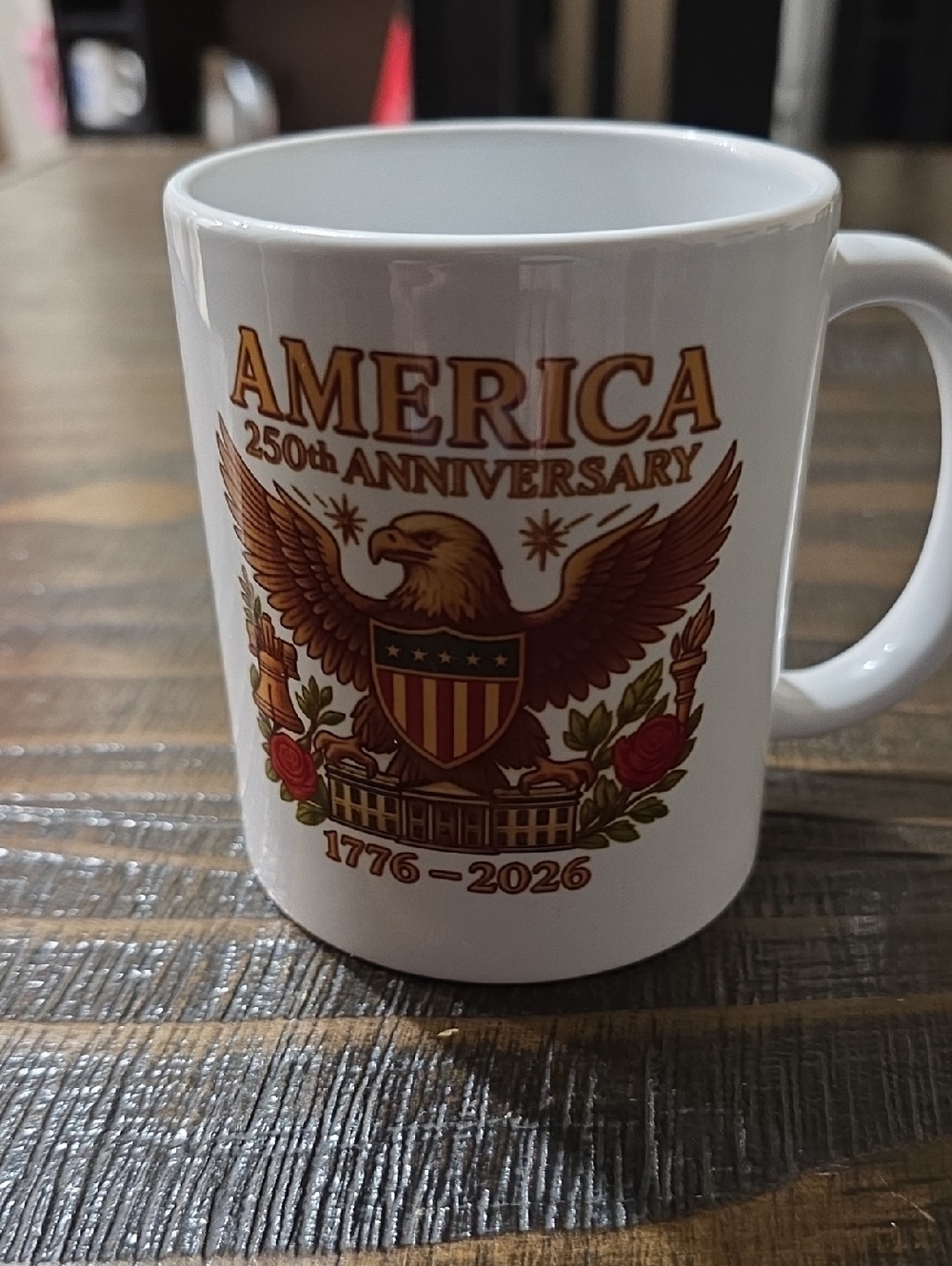 America 250th Anniversary Ceramic Coffee Mug - White with Brown & Gold Design